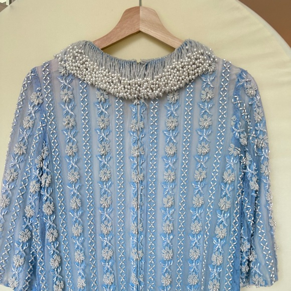 Vtg 60s Hand Beaded Dress Made in Hong Kong Ice Blue Pearl Collar Shift Flawless - Picture 9 of 14